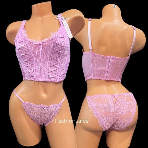 Victorias Secret Dream Angels Lace-up Corset Top Bra & String Bikini Set Pink - Picture 4 of 6